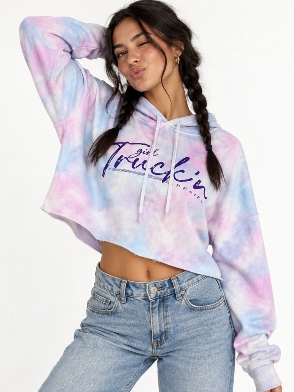 Girl Truckin Pastel Tie Dye Cropped Hoodie M Y2K Western Graphic